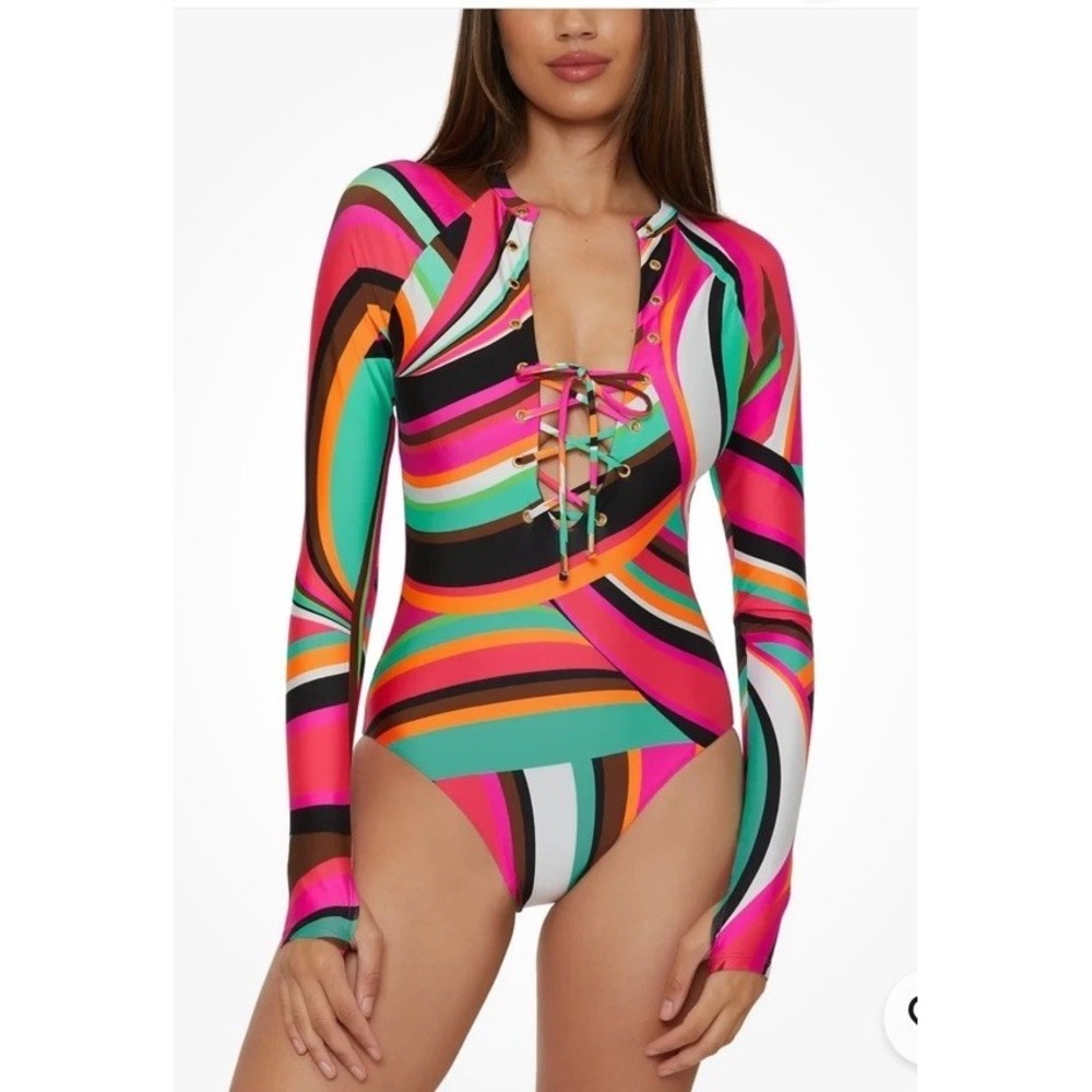 Trina Turk NWT Vibrant Multi Swoop-Print Long-Sleeve Lace-up Paddle Suit Size M